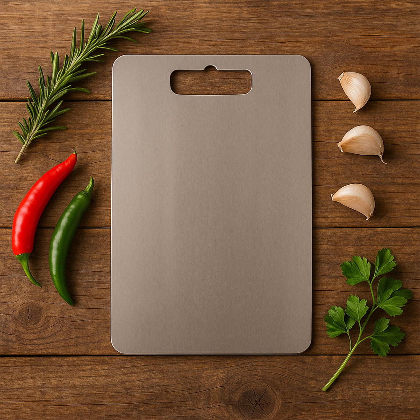 Wukusy Apex stainless steel small chopping cutting board, 210x320mm, ideal for kitchen prep and food slicing.