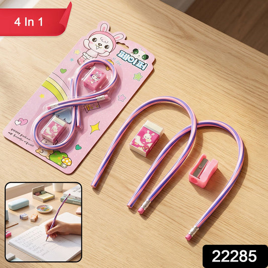 Kids school stationery set by Wukusy with flexible pencils, eraser, and sharpener in a colorful, organized 4-in-1 kit.
