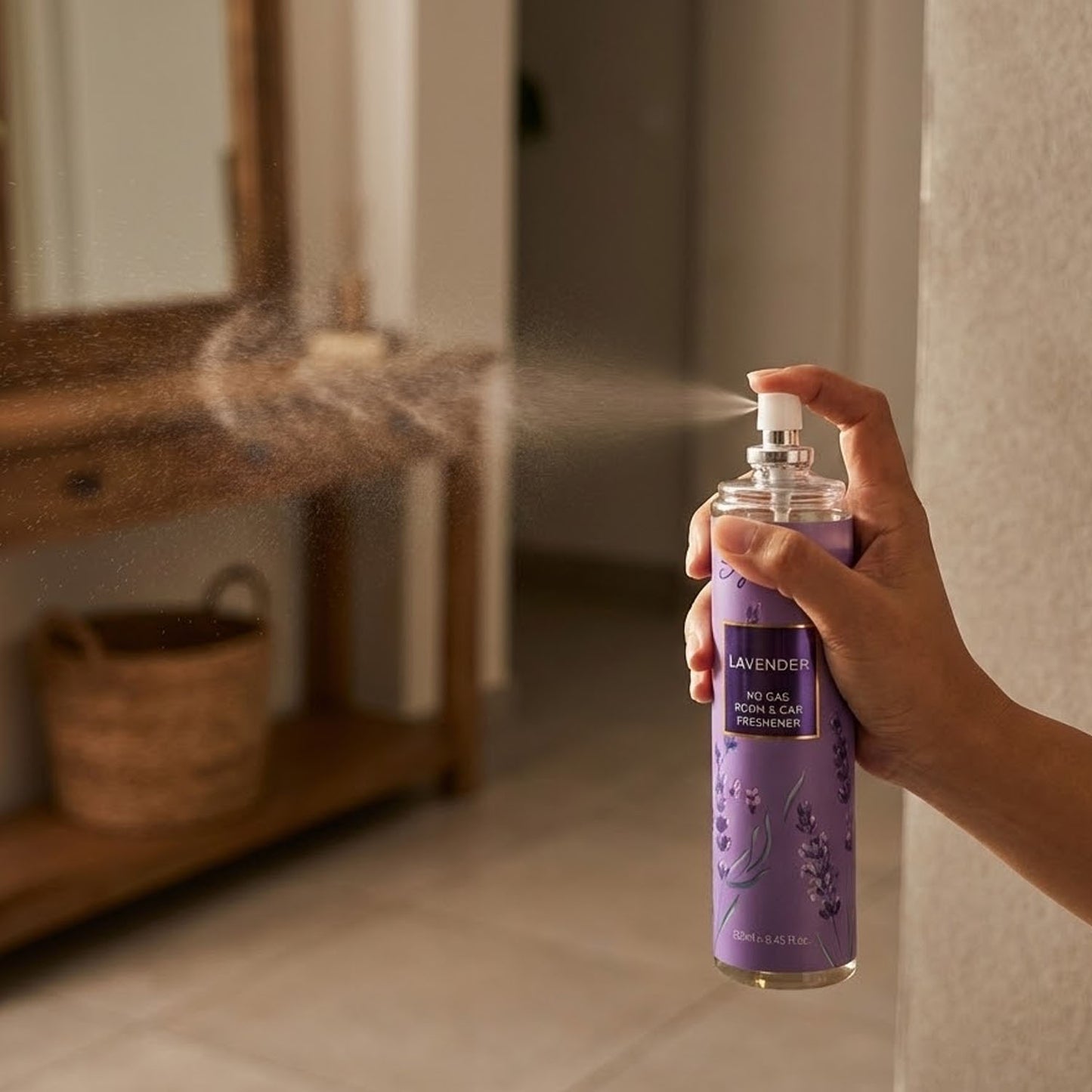 Wukusy Lavender No Gas Room Car Freshener Spray bottle, 250ml, with lavender scent and spray nozzle for freshening cars and rooms.