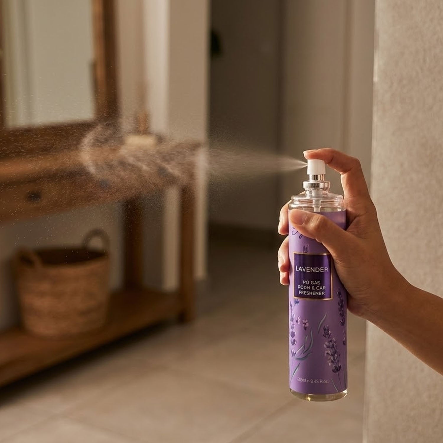 Wukusy Lavender No Gas Room Car Freshener Spray bottle, 250ml, with lavender scent and spray nozzle for freshening cars and rooms.
