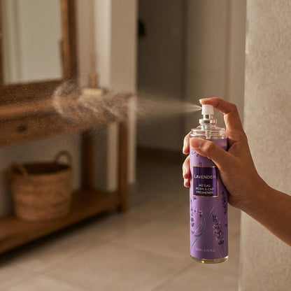 Wukusy Lavender No Gas Room Car Freshener Spray bottle, 250ml, with lavender scent and spray nozzle for freshening cars and rooms.