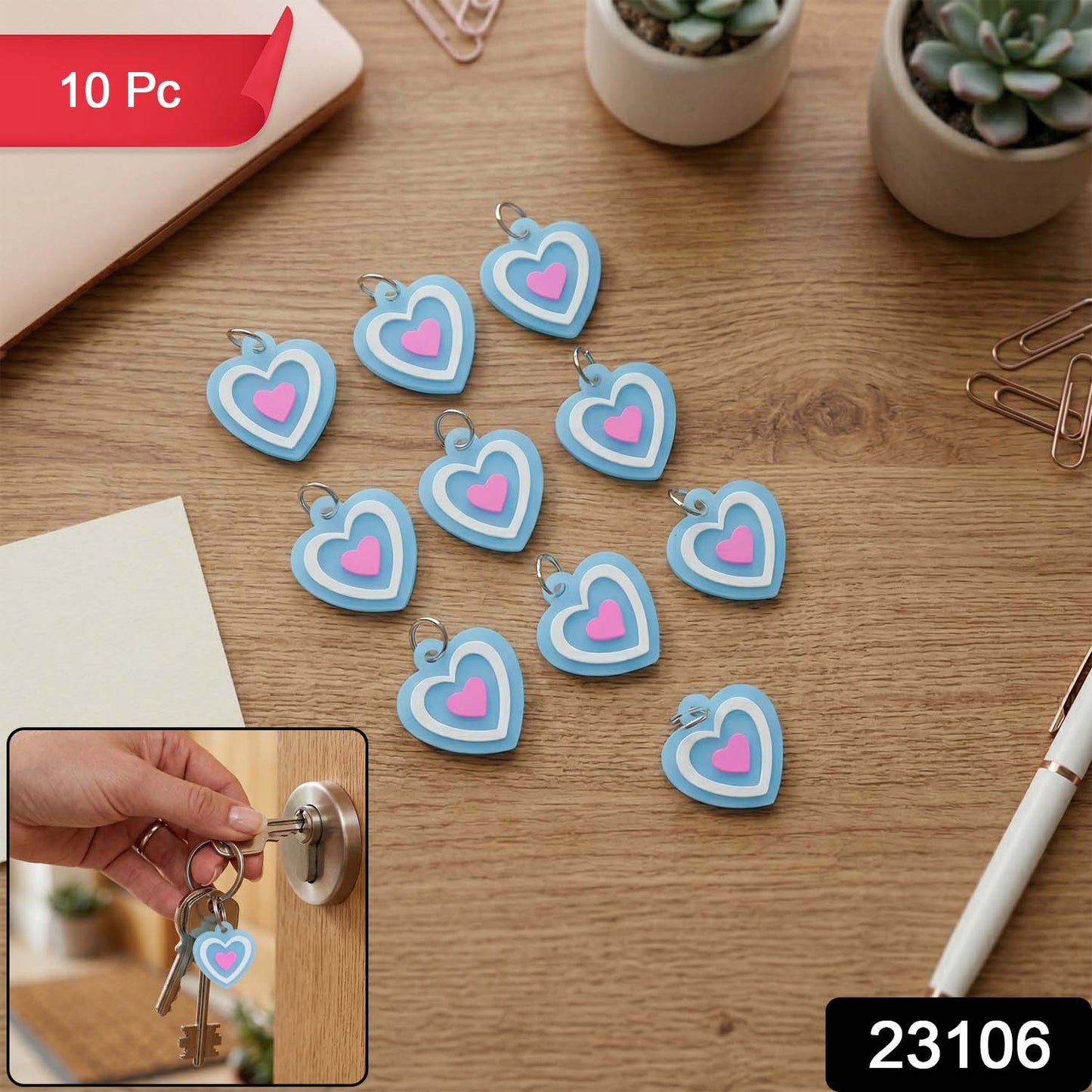 Set of 10 Wukusy heart-shaped bag charm keychains in various colors, perfect for decorating bags and keys.
