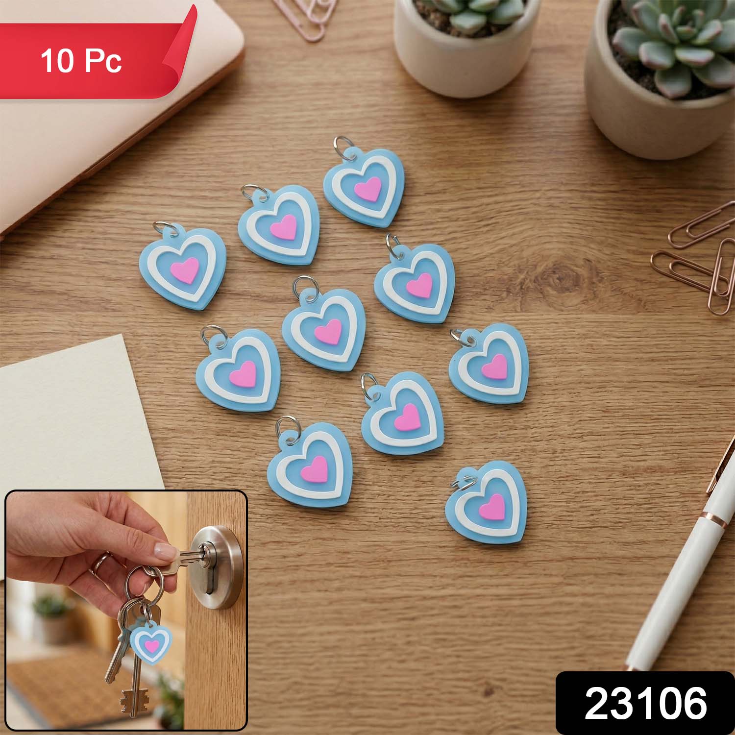 Set of 10 Wukusy heart-shaped bag charm keychains in various colors, perfect for decorating bags and keys.