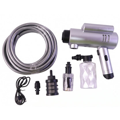 Wukusy high pressure cordless car washer gun kit with hose and foam attachment, portable for easy vehicle cleaning.