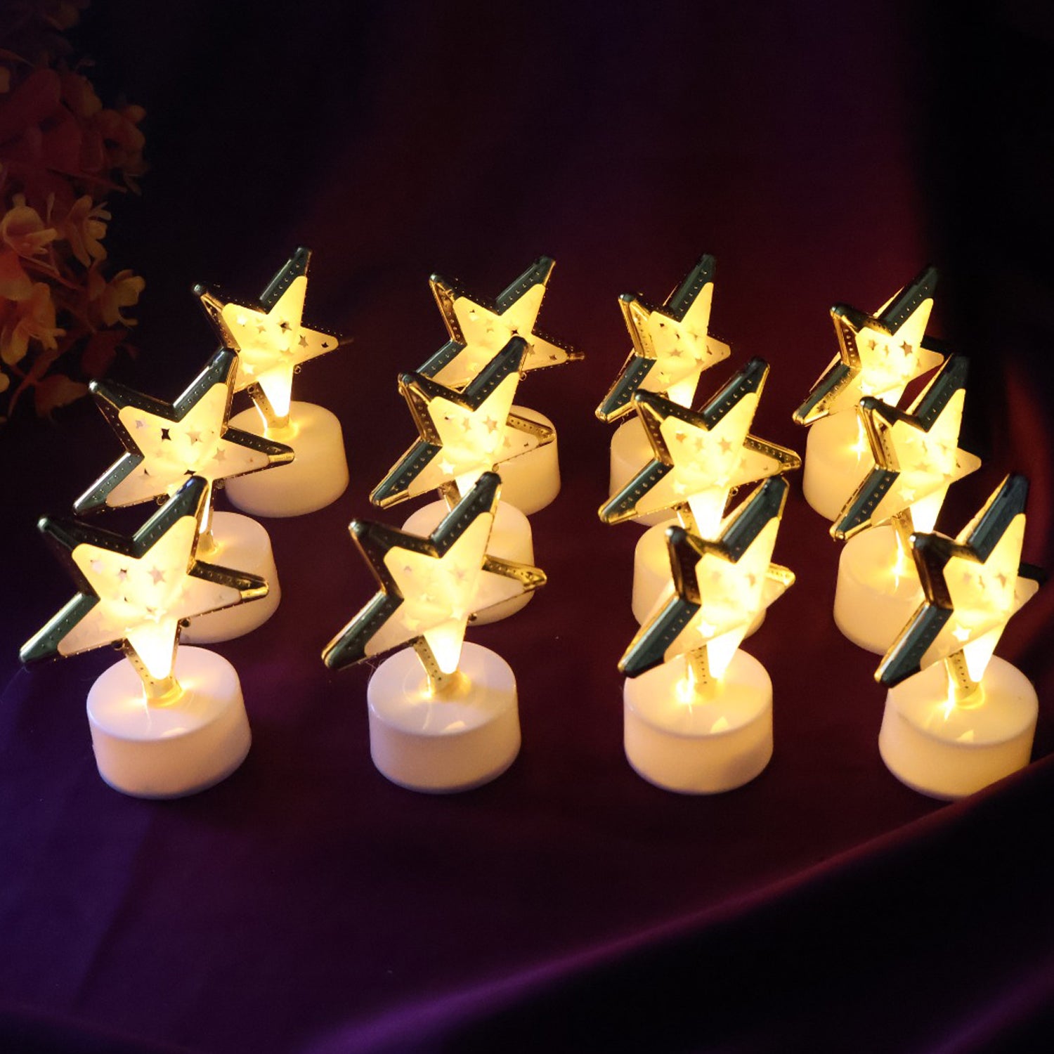 Set of 12 Wukusy decorative star-shaped flameless LED candles for home decor, showing warm glow and star design.