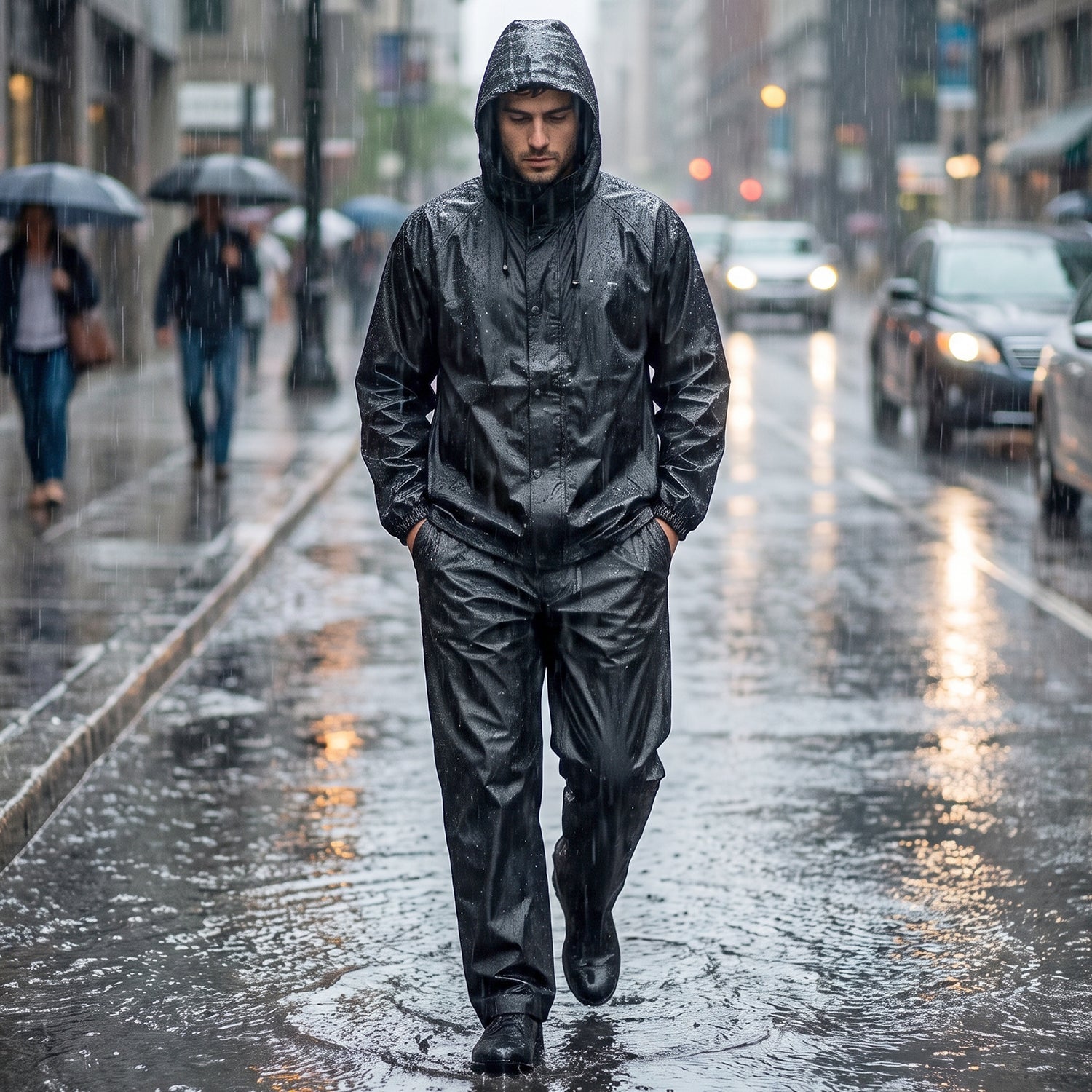 Wukusy reusable waterproof EVA rain coat set with hood jacket and pants, ideal for rainy weather, in bright yellow color.