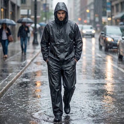Wukusy reusable waterproof EVA rain coat set with hood jacket and pants, ideal for rainy weather, in bright yellow color.