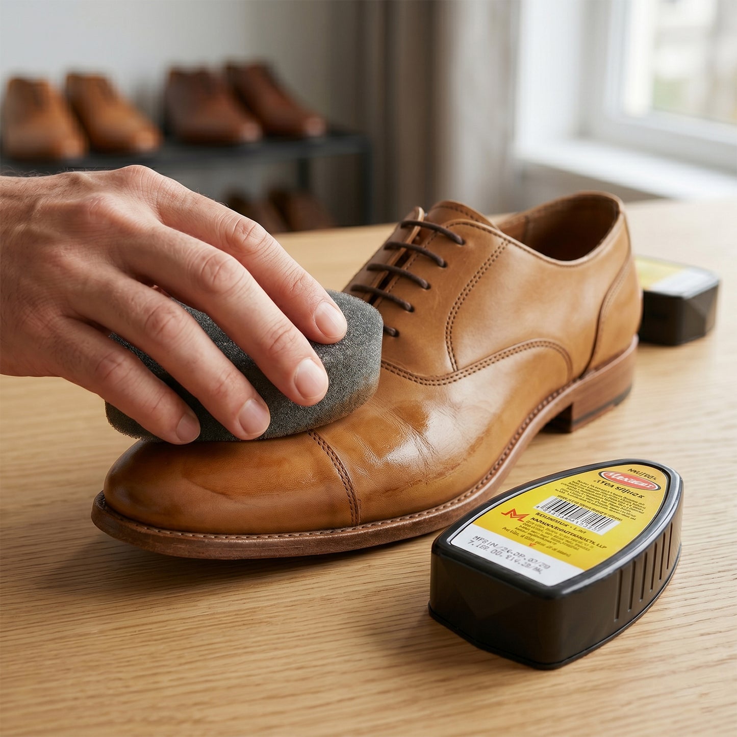 Wukusy Maxwax Neutral Instant Shoe Shiner in 7ml bottle, easy-to-use shoe polish for a quick shine and clean finish