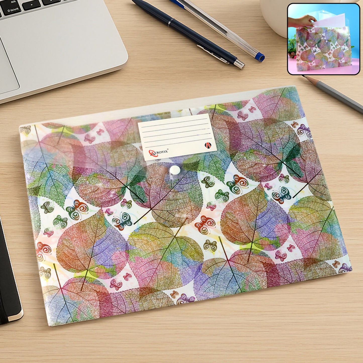 Wukusy printed A4 document folder with leaf design, button closure, and label slot for organized file storage.