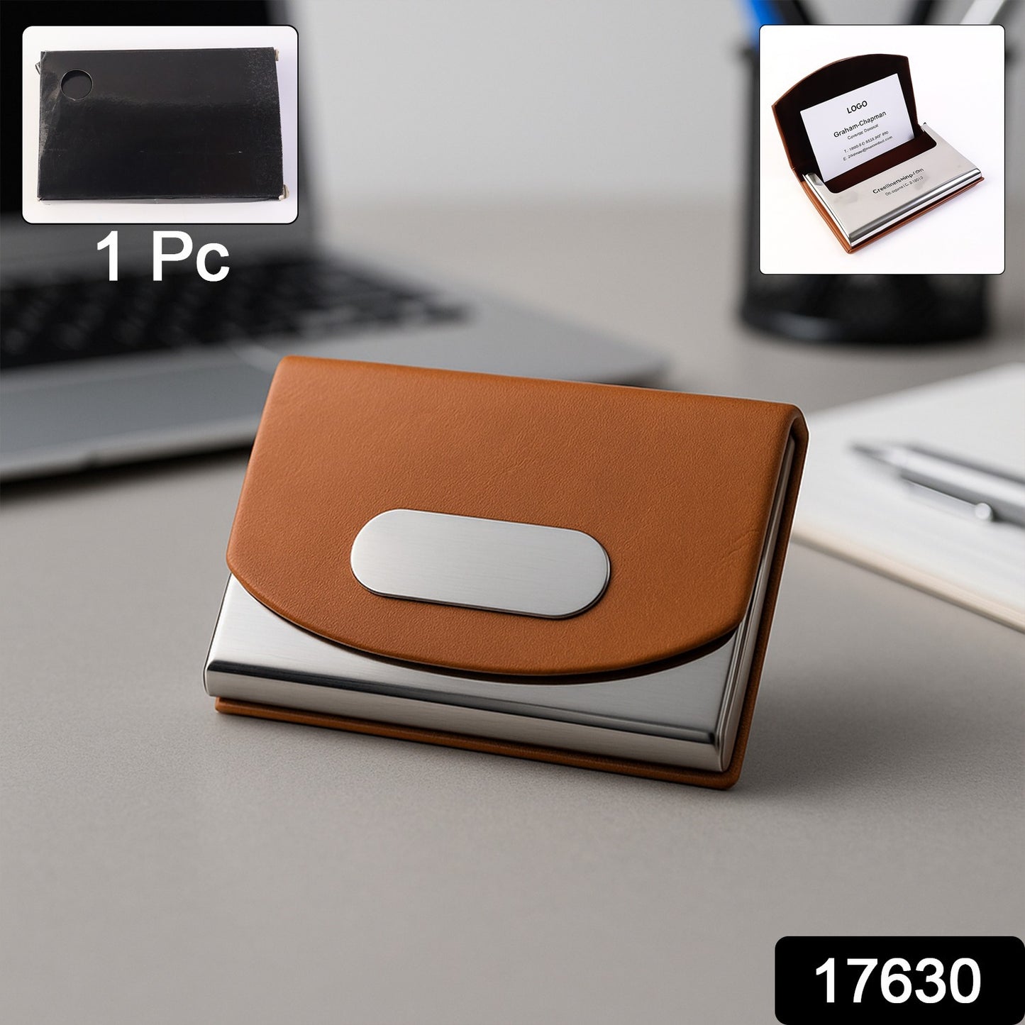 Leather and stainless-steel business card holder by Wukusy, compact and stylish for organizing cards on a desk or in a pocket.