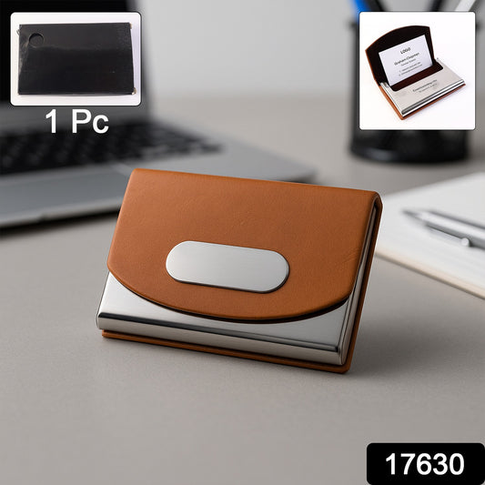 Leather and stainless-steel business card holder by Wukusy, compact and stylish for organizing cards on a desk or in a pocket.