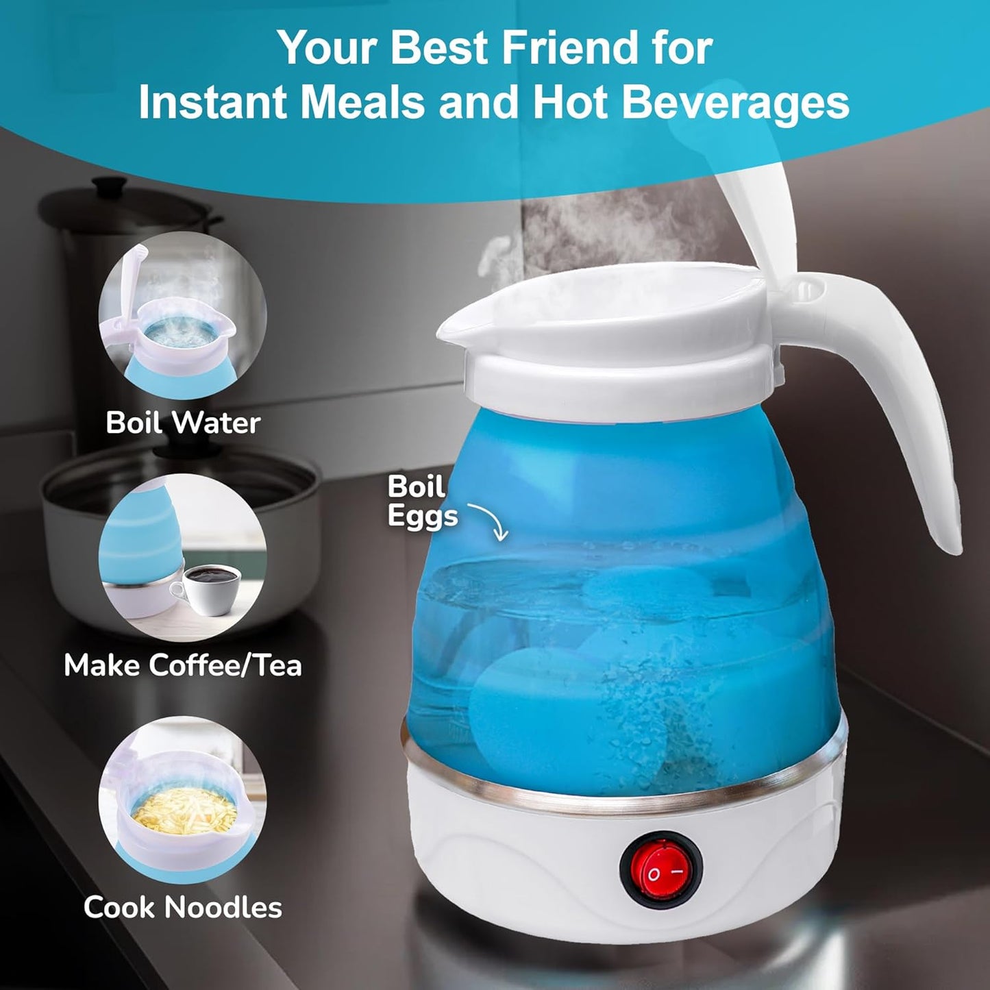 Foldable silicone kettle by FIZZI SHOP, showing its compact, collapsible design perfect for travel and camping.