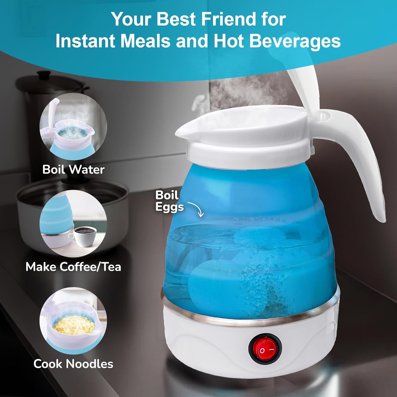 Foldable silicone kettle by FIZZI SHOP, showing its compact, collapsible design perfect for travel and camping.