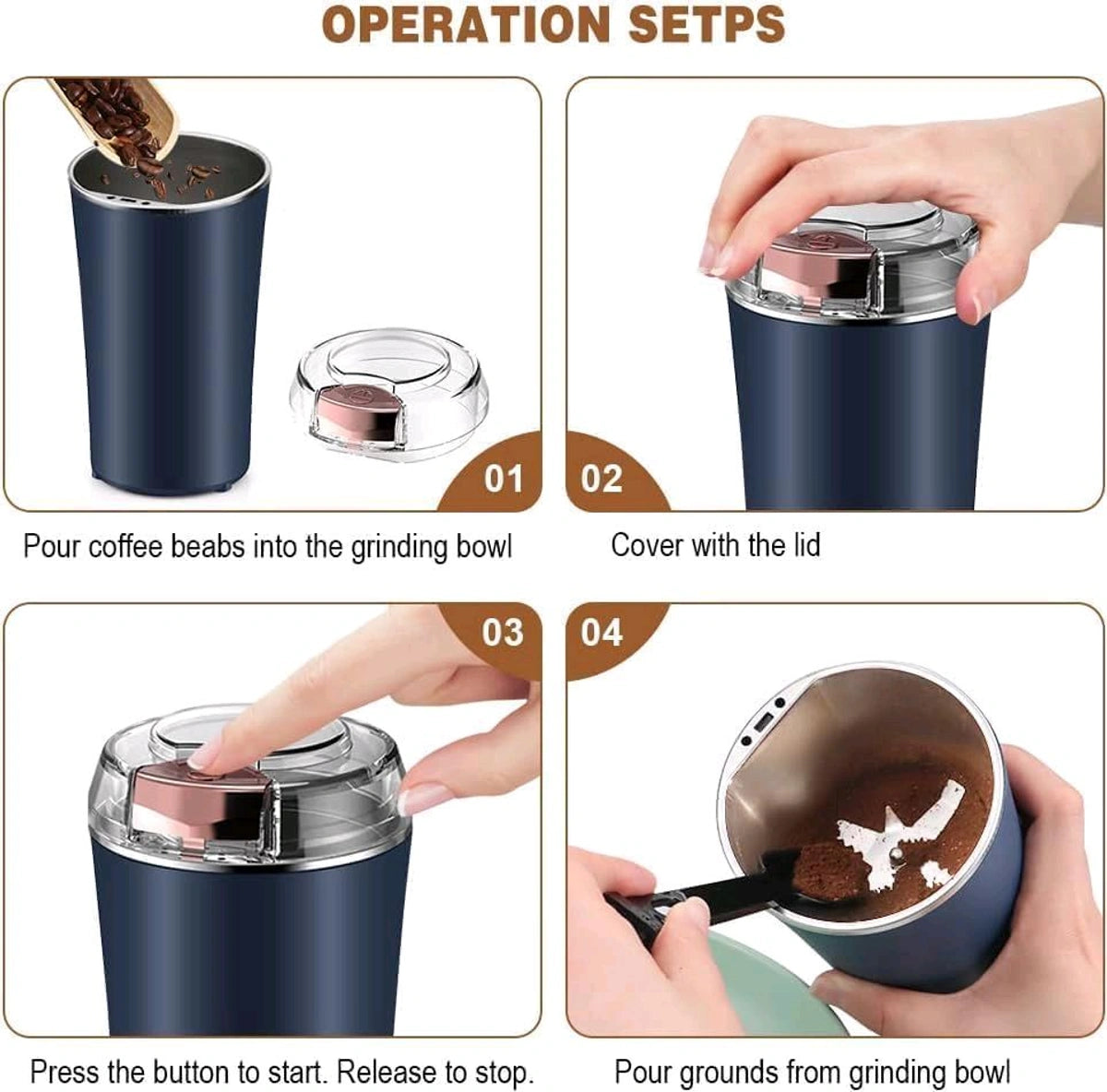FIZZI SHOP electric coffee grinder with stainless steel burrs, compact design, and transparent bean hopper for fresh ground coffee.