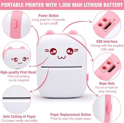 Rechargeable mini Bluetooth thermal printer from FIZZI SHOP showing compact design and printing paper ready for mobile printing.