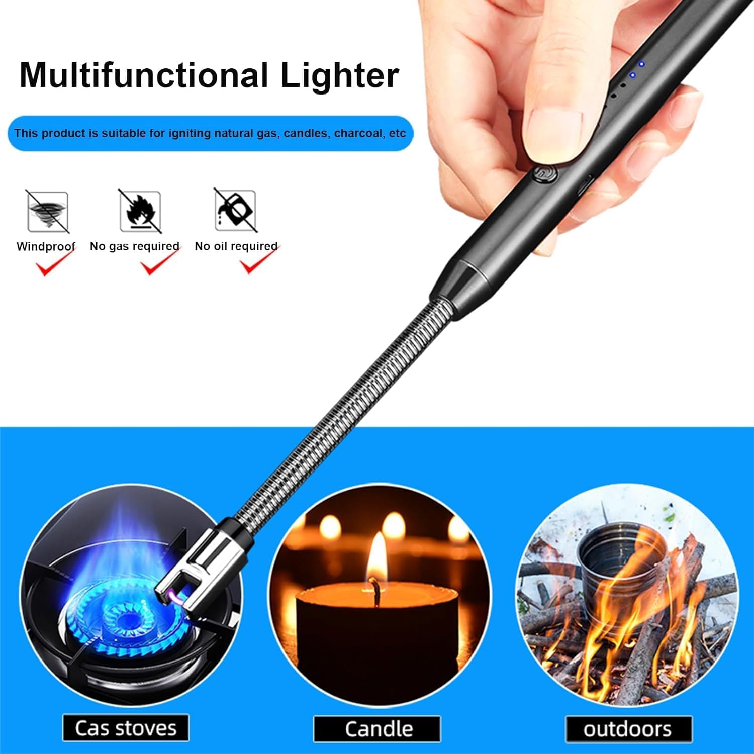Rechargeable USB electric gas lighter by FIZZI SHOP with a sleek design and a safety switch for easy, eco-friendly ignition.