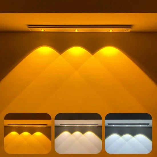 FIZZI SHOP motion sensor under cabinet lights with 3 color options, shown mounted under kitchen cabinet with activated sensor light.