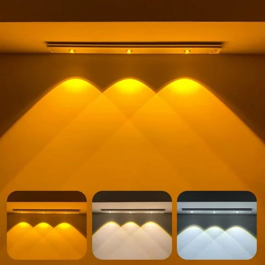 FIZZI SHOP motion sensor under cabinet lights with 3 color options, shown mounted under kitchen cabinet with activated sensor light.