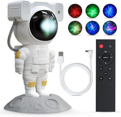 FIZZI SHOP astronaut star projection light illuminating a dark room with star patterns and cosmic imagery.