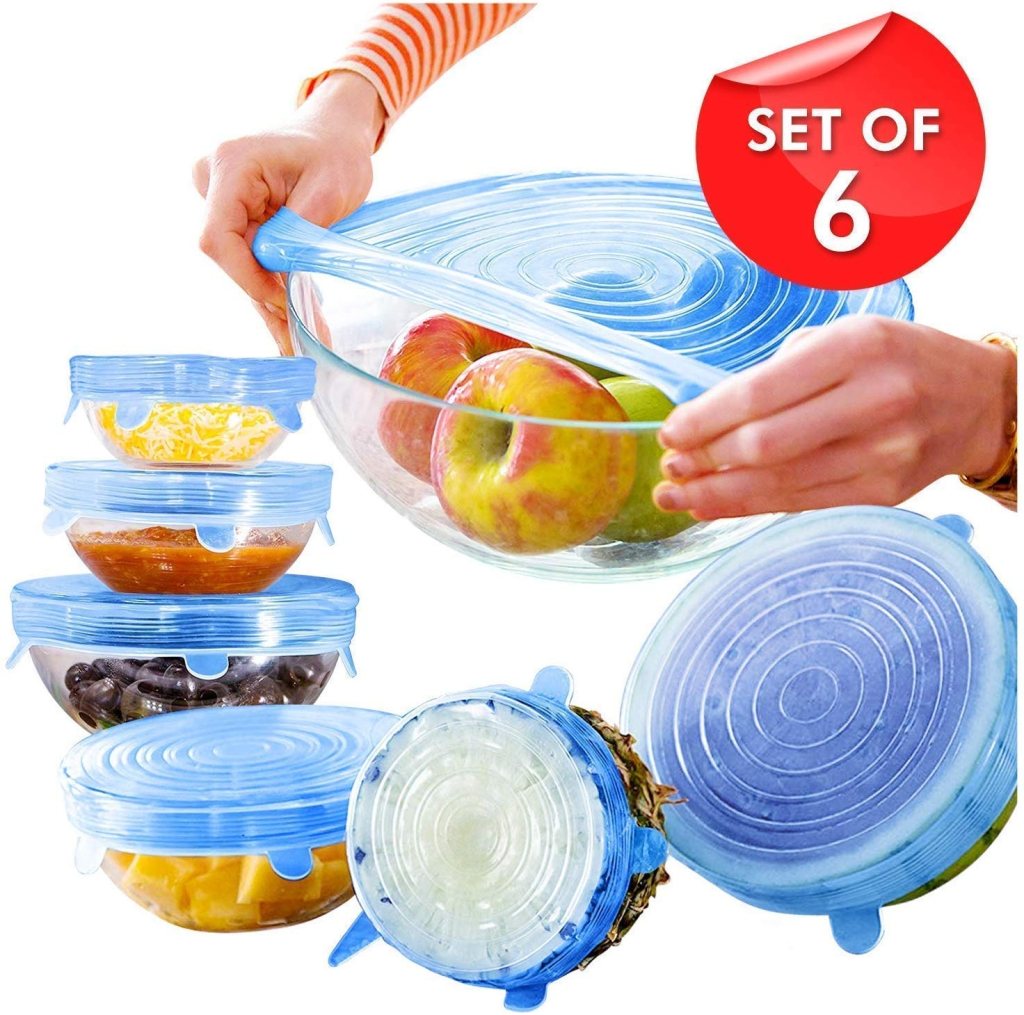 Six colorful silicone lid covers by FIZZI SHOP on various bowls and containers, showcasing flexible, reusable silicone lids.