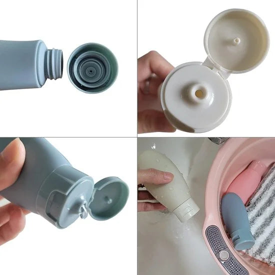 Set of three 60ml travel bottles from FIZZI SHOP, transparent plastic with screw caps, designed for toiletries on the go.