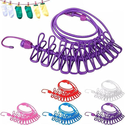 FIZZI SHOP clothesline with clips hanging on a wall, showcasing the durable fabric and secure clip attachments for laundry drying.