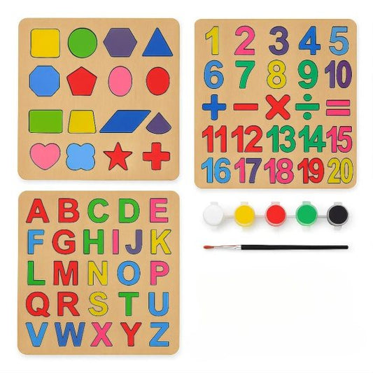 Three colorful puzzle pieces from FIZZI SHOP puzzle set, showcasing bright, vibrant colors and interlocking shapes.