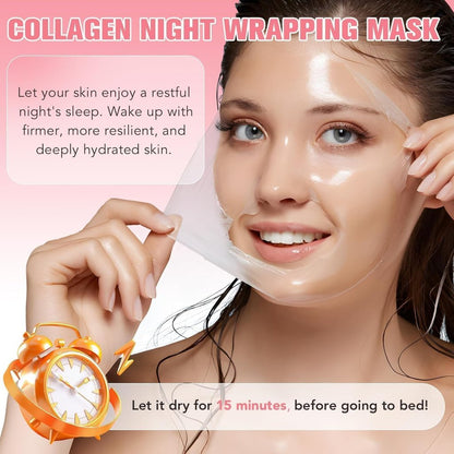 FIZZI SHOP JK SIDHU Collagen Night Wrapping Mask shown on a model's face, emphasizing hydration and skin tightening benefits.