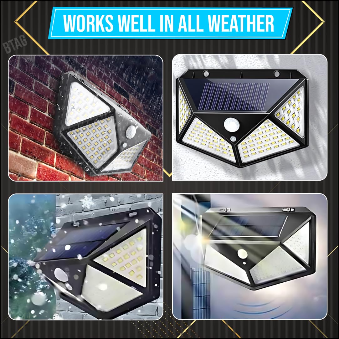 FIZZI SHOP 100 LED motion sensor solar light mounted outdoors with solar panel and bright LED bulbs for outdoor lighting