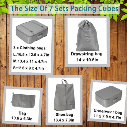 Seven-piece travel organizer pouch set by FIZZI SHOP featuring compact, lightweight bags for packing toiletries and accessories.