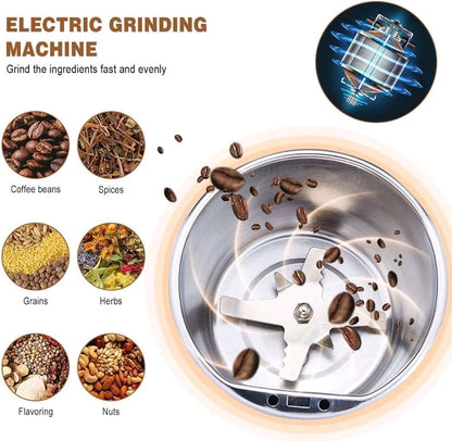 FIZZI SHOP electric coffee grinder with stainless steel blades and clear hopper for fresh ground coffee.