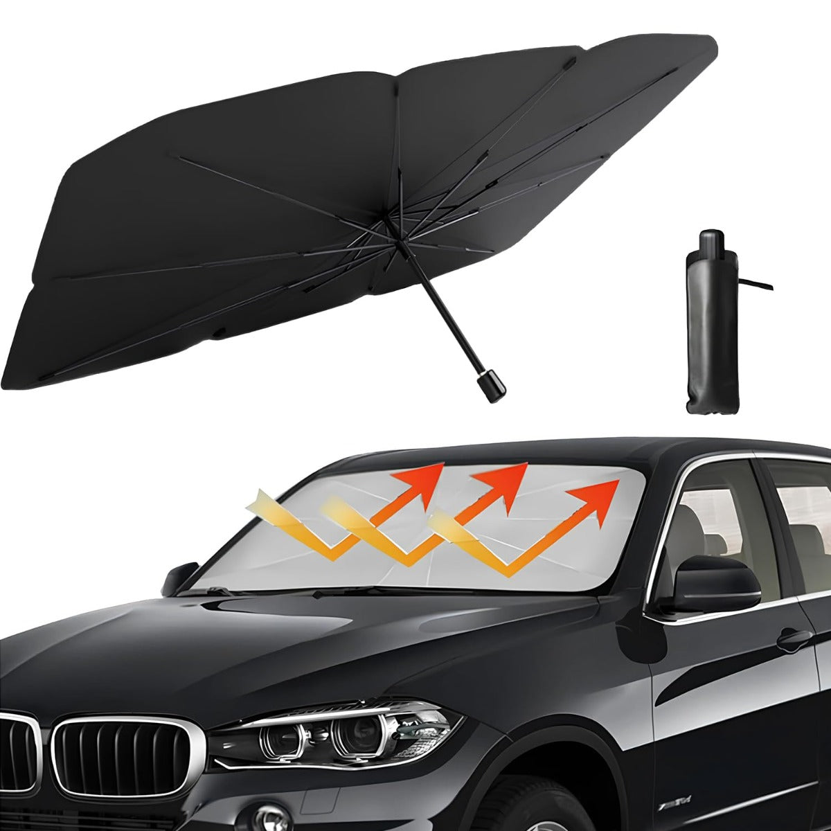 FIZZI SHOP car sun shade umbrella blocking sunlight from a vehicle window with reflective silver surface.