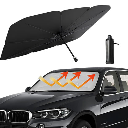 FIZZI SHOP car sun shade umbrella blocking sunlight from a vehicle window with reflective silver surface.