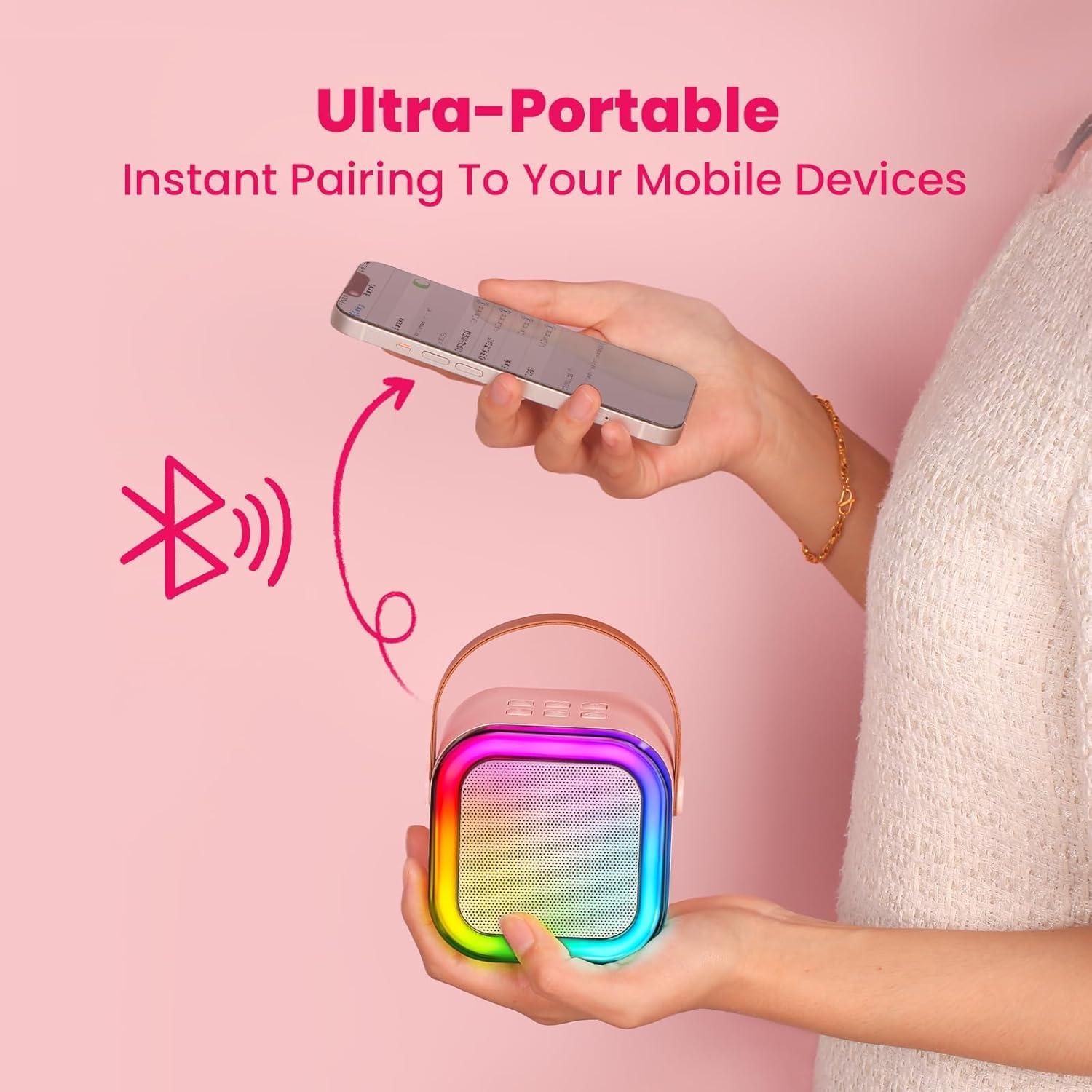 Wireless Bluetooth microphone with built-in speaker from FIZZI SHOP, shown with microphone and speaker components.