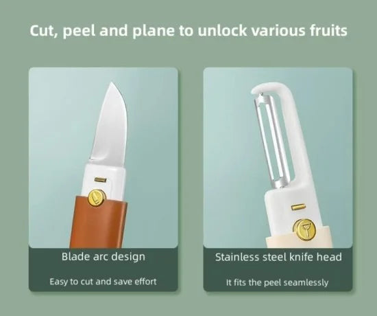 FIZZI SHOP 2-in-1 knife with peeler, stainless steel multi-purpose kitchen tool for slicing and peeling vegetables and fruits.