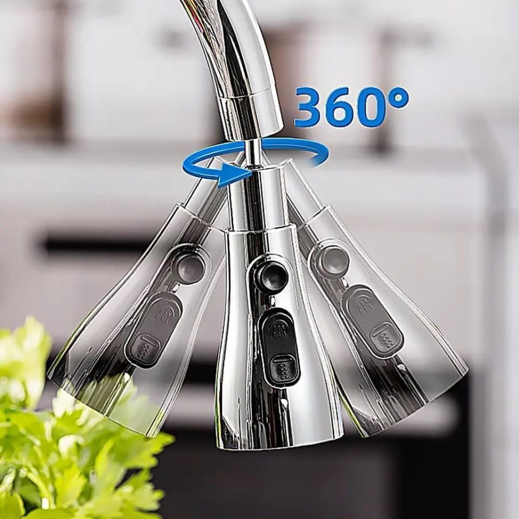 FIZZI SHOP 360 faucet splash head with adjustable spray for kitchen sink, featuring multiple water flow patterns.