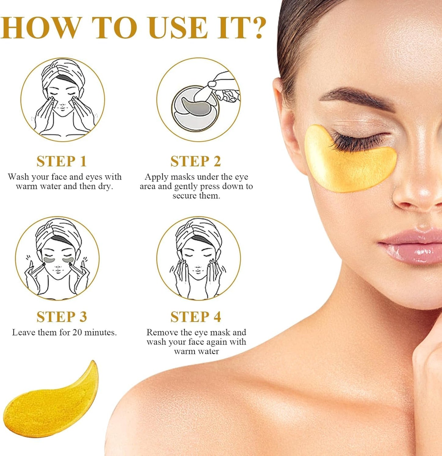 FIZZI SHOP 24K gold under eye patches with gold foil and soothing serum for reducing puffiness and dark circles.
