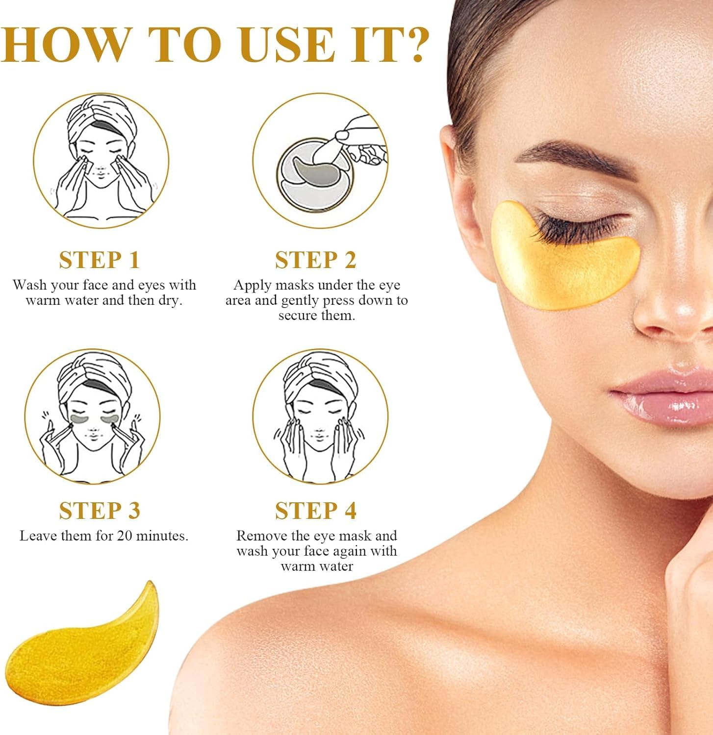 FIZZI SHOP 24K gold under eye patches with gold foil and soothing serum for reducing puffiness and dark circles.