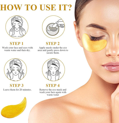 FIZZI SHOP 24K gold under eye patches with gold foil and soothing serum for reducing puffiness and dark circles.