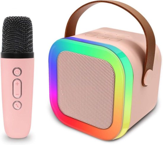 FIZZI SHOP Bluetooth microphone with built-in speaker, featuring a sleek design and portable setup for singing and karaoke.
