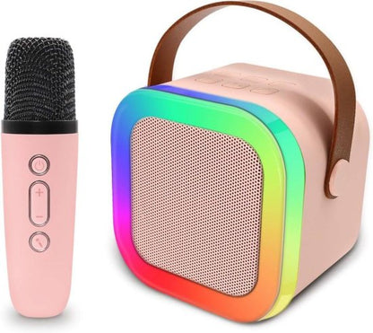 FIZZI SHOP Bluetooth microphone with built-in speaker, featuring a sleek design and portable setup for singing and karaoke.