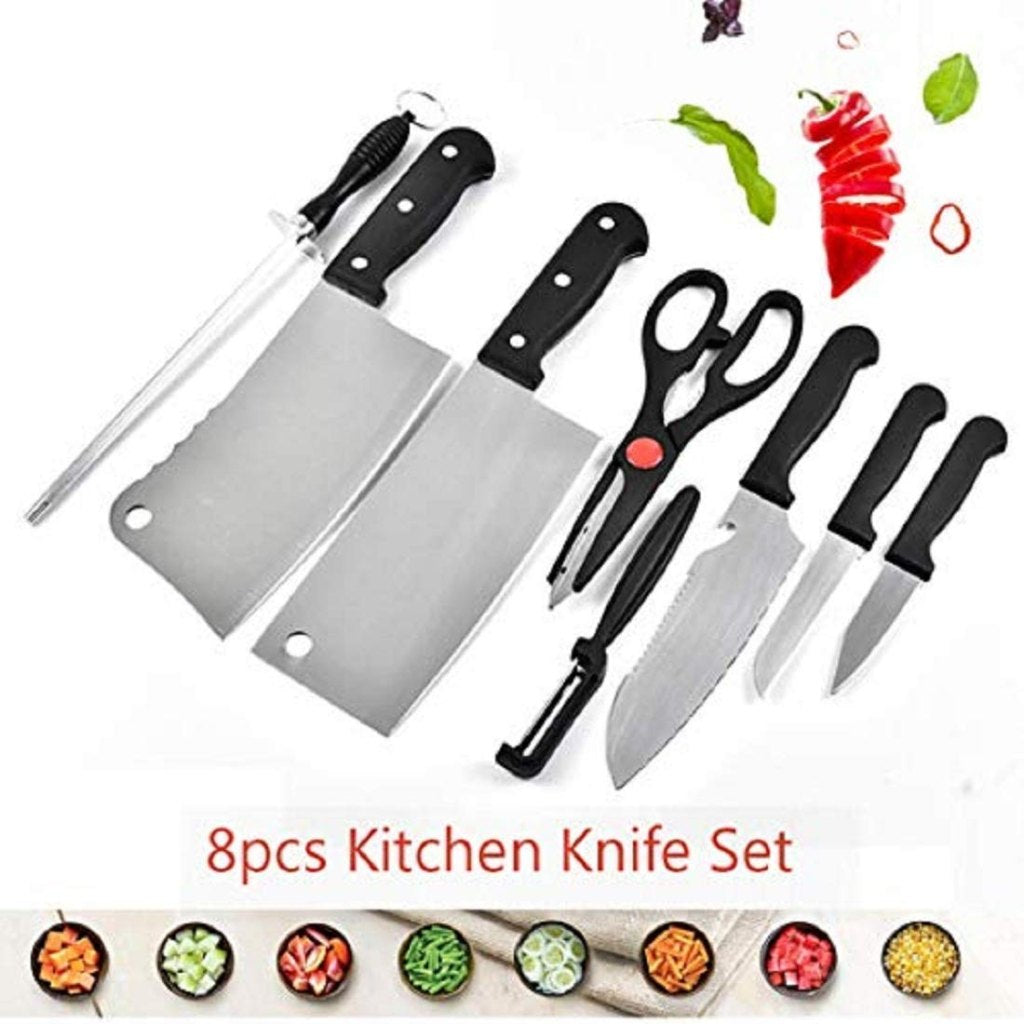 Eight-piece FIZZI SHOP JK SIDHU knife set with stainless steel blades and wooden handles, displayed on a kitchen countertop.