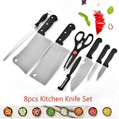 Eight-piece FIZZI SHOP JK SIDHU knife set with stainless steel blades and wooden handles, displayed on a kitchen countertop.