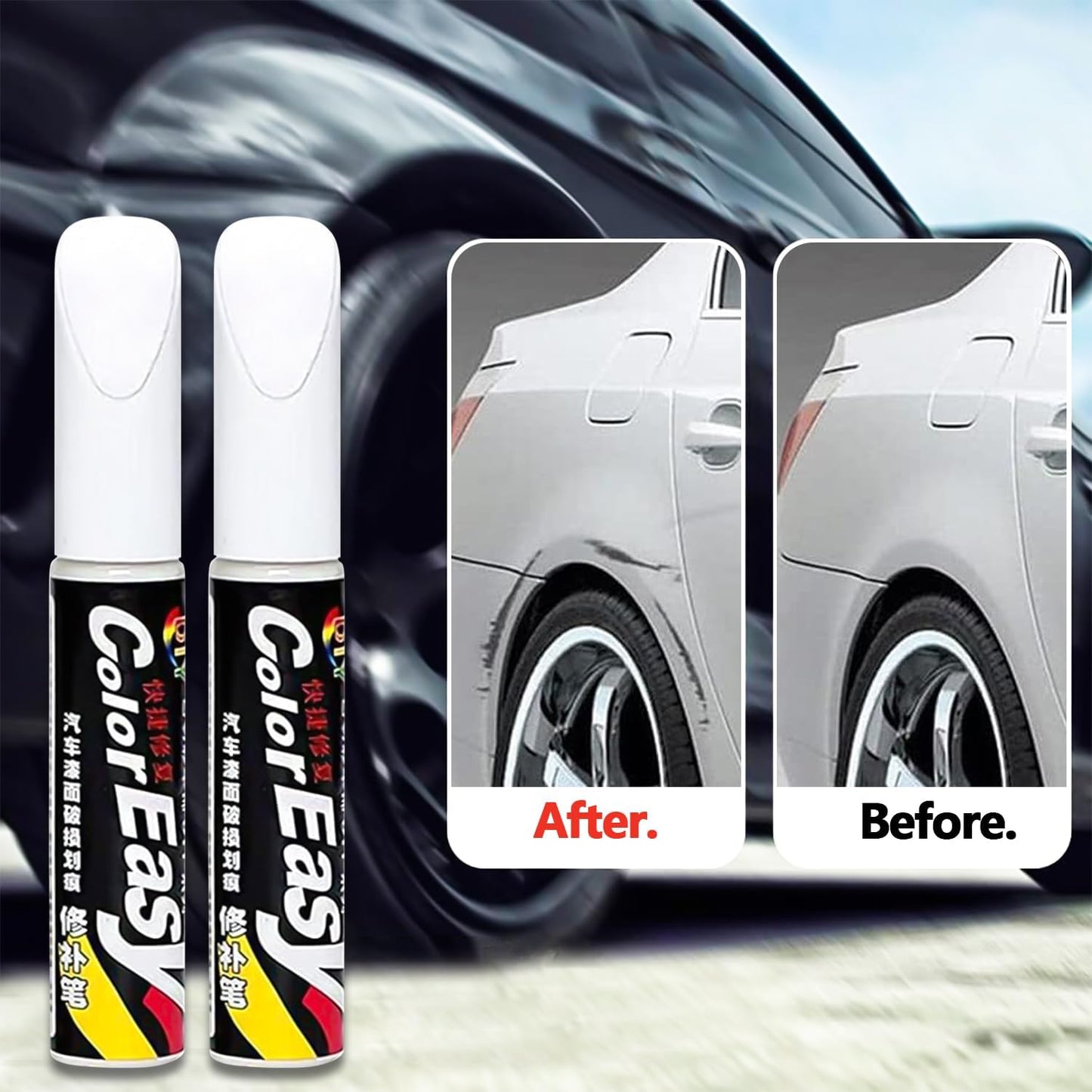 White car scratch repair paint pen by FIZZI SHOP JK SIDHU, close-up of the pen showing its tip and white paint for touch-up repairs.