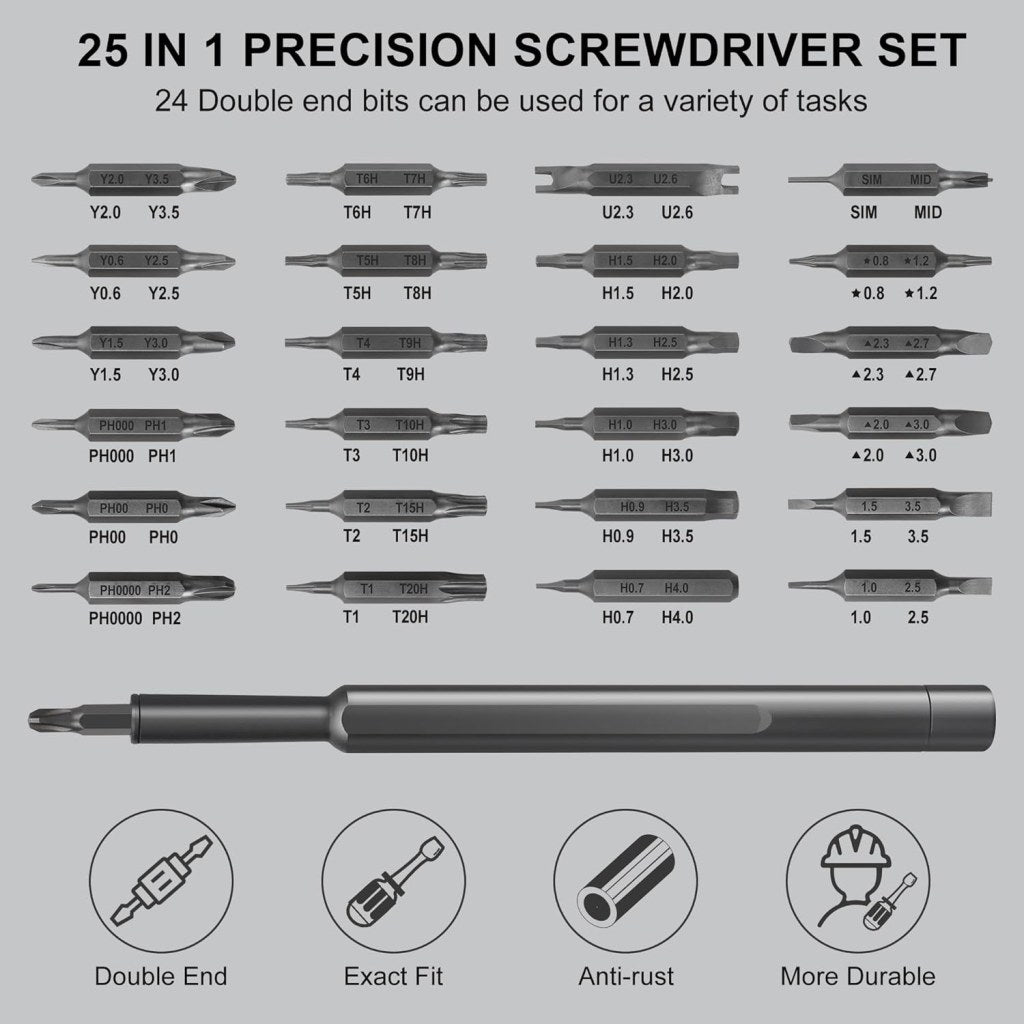 FIZZI SHOP 24-in-1 screwdriver set with various screwdriver heads and handles, ideal for household and electronics repair.