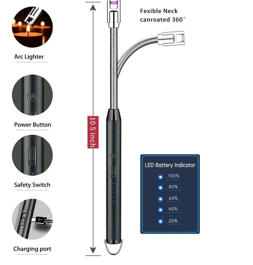 Rechargeable USB electric gas lighter by FIZZI SHOP with a sleek design and a safety button, used for lighting candles or stoves.