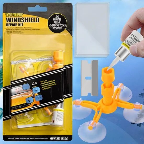 FIZZI SHOP JK SIDHU car windshield repair kit with tools and resin for fixing cracks and chips on vehicle glass.