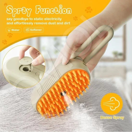 FIZZI SHOP 3 in 1 Pet Steam Brush showing a pet grooming tool with steam function and adjustable settings