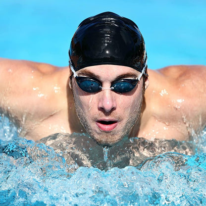 Silicone swimming cap by FIZZI SHOP, smooth and flexible, designed to fit snugly on a swimmer’s head for optimal water protection.