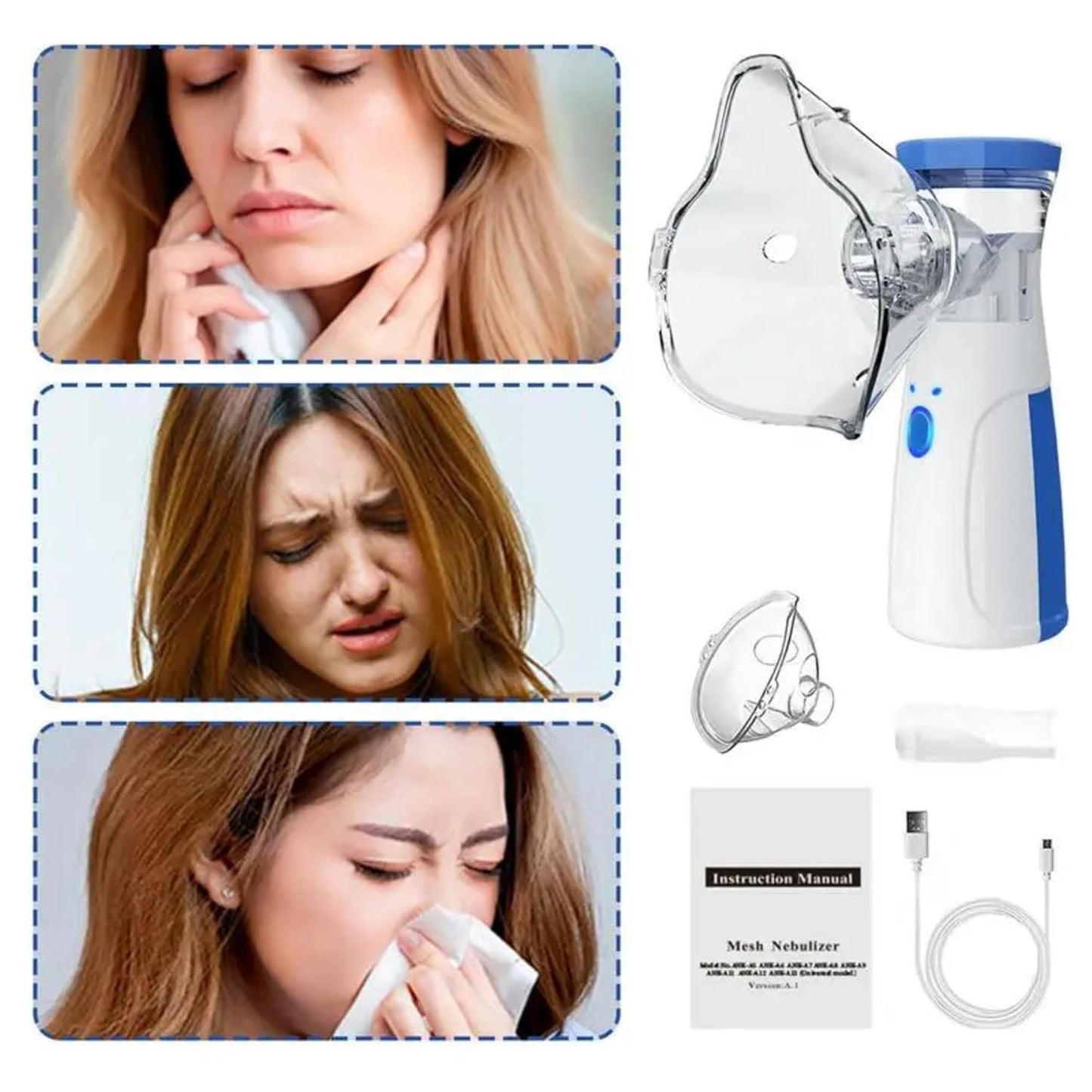 Mini portable mesh nebulizer by FIZZI SHOP showing compact device with mist outlet and power button for respiratory therapy.